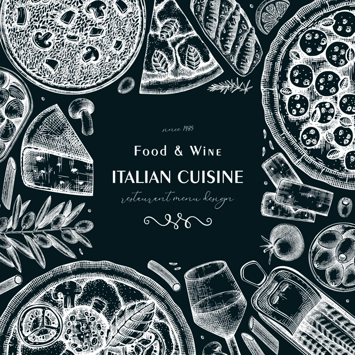  Italian cuisine frame design on chalkboard. Hand drawn pizza, pasta, risotto with mushrooms, and canape. Mediterranean food vector background in sketch style 